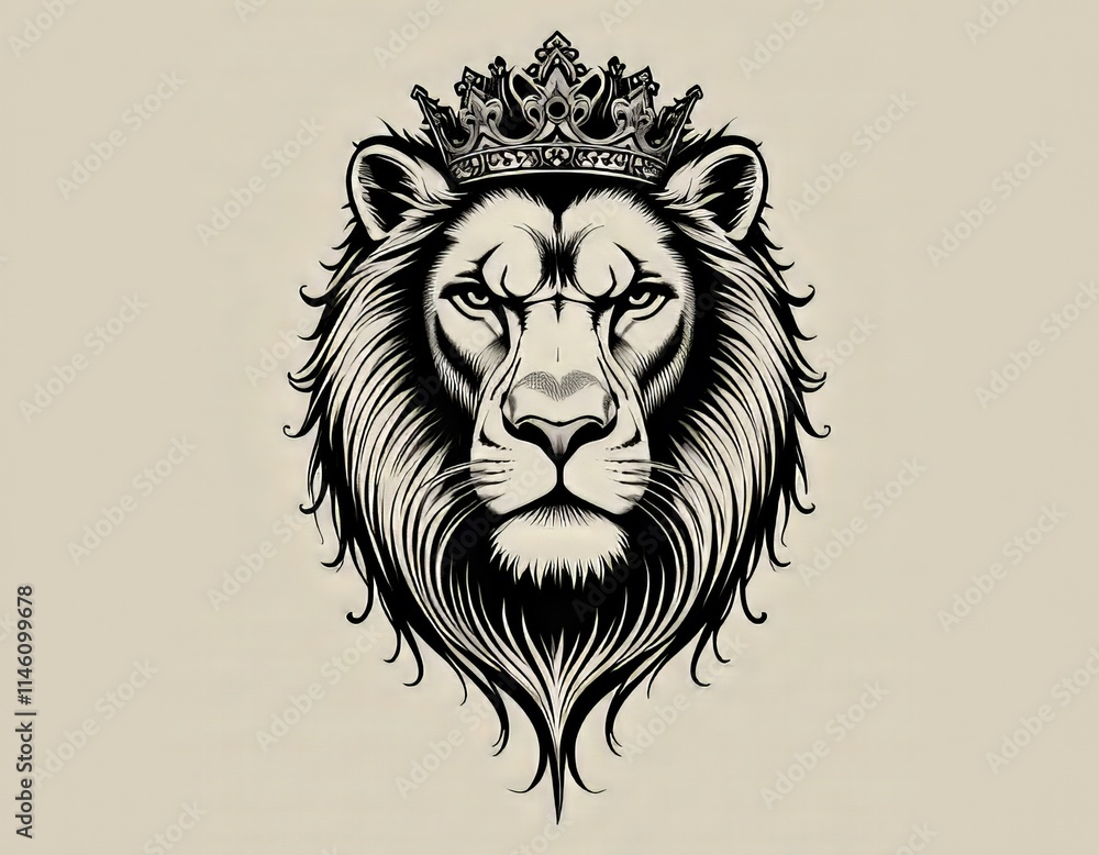 Obraz premium vector cabeza de león con corona tatuaje