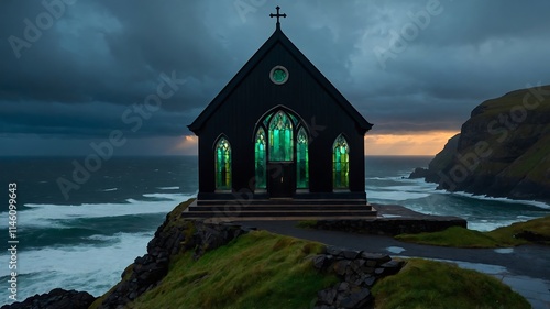 Secluded Coastal Chapel: A Dramatic Faroese Seascape photo