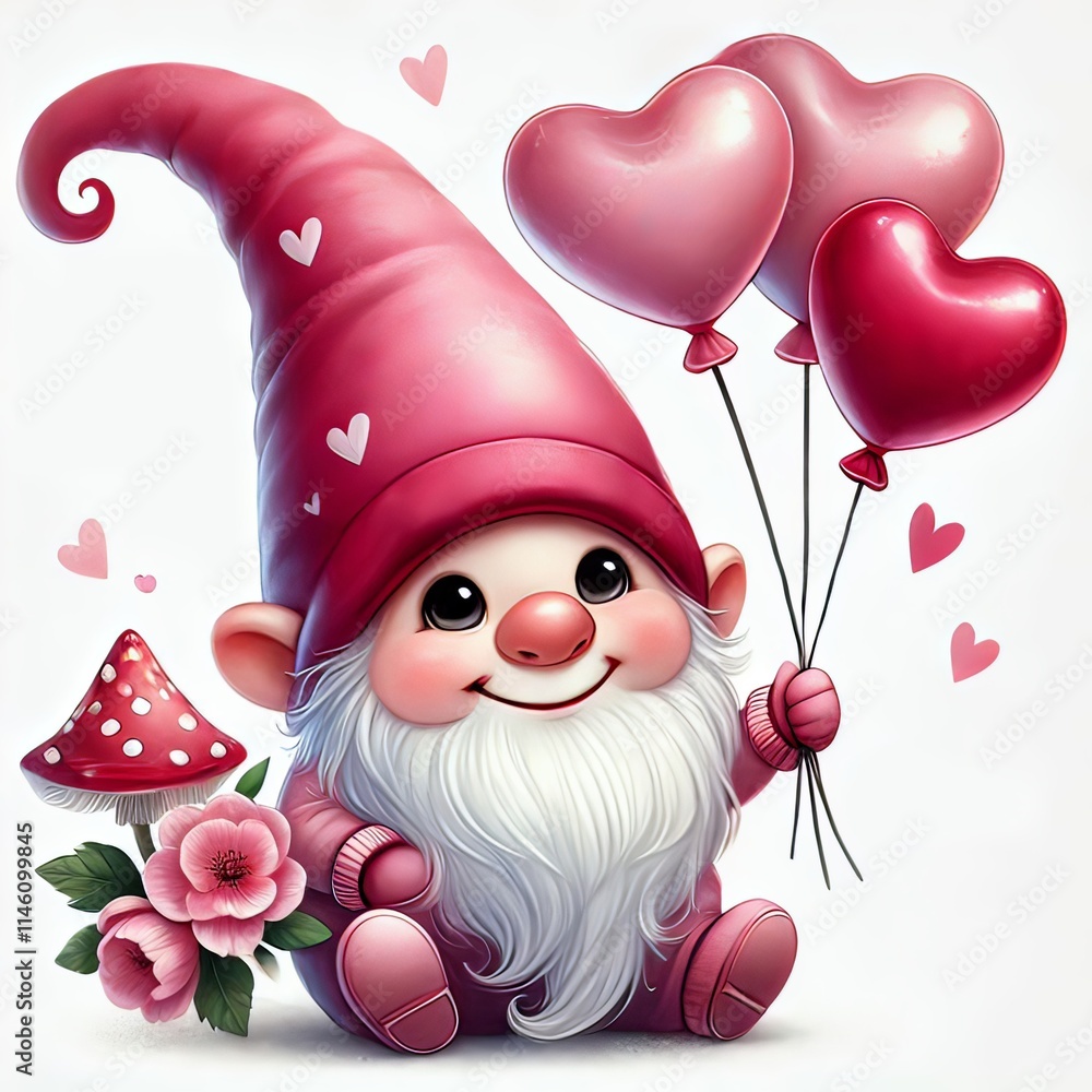 Obraz premium Día de San Valentín, un gnomo rosa con sombrero y globos en forma de corazón . imagen prediseñada sobre un fondo blanco