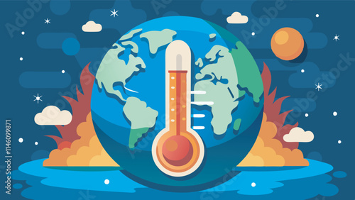 Image shows Earth on fire, divided into blazing and blue halves. Thermometers show high temperatures. Smoke clouds suggest global disaster.