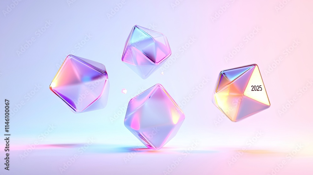 A futuristic design featuring colorful, geometric shapes floating in a soft gradient background.