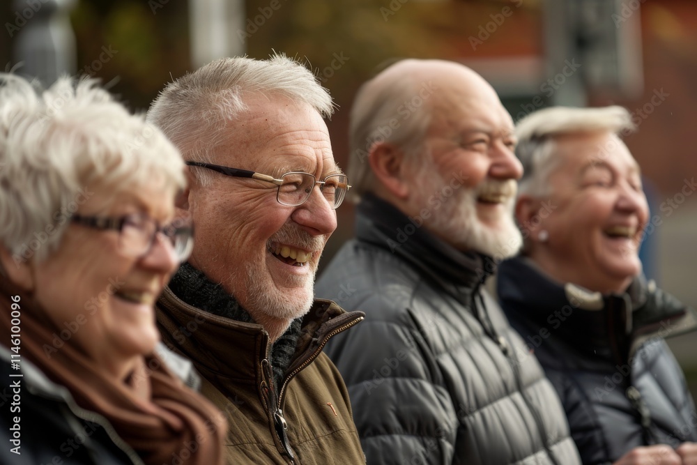 Portrait of happy senior people laughing in the street. Focus on the man Portrait of happy senior people laughing in the street. Focus on the man