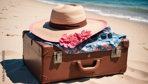 Pack for Paradise: A Stylish Suitcase, Straw Hat, and Floral Fashion for Vacation photo