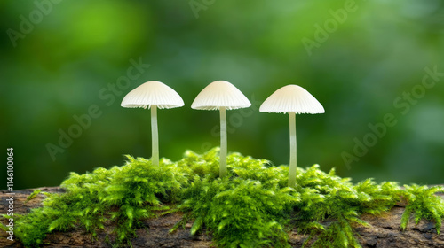 Wallpaper Mural Three delicate white mushrooms growing on a moss-covered log in a lush green forest setting during the daytime Torontodigital.ca