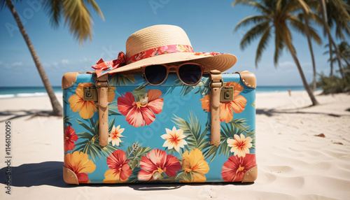 The Ultimate Summer Getaway: Stylish Suitcase, Straw Hat, and Floral Clothing photo