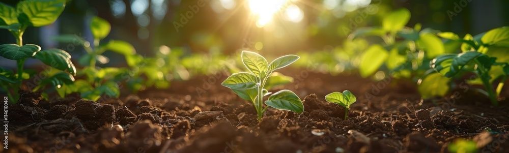 There is a small plant that is growing in the dirt, plant background, banner, copy space There is a small plant that is growing in the dirt, plant background, banner, copy space