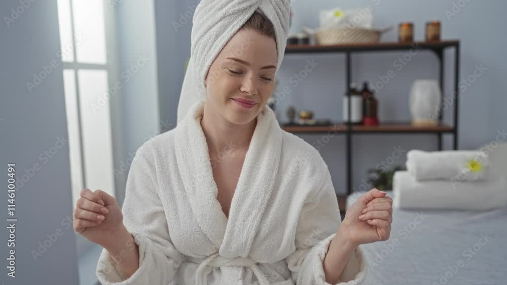 Young woman in a spa room wearing a bathrobe with a towel on her head, enjoying a moment of relaxation and wellness indoors Young woman in a spa room wearing a bathrobe with a towel on her head, enjoying a moment of relaxation and wellness indoors