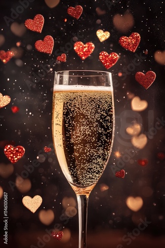 Glass of champagne with hearts. Selective focus.