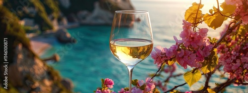 Glass of white wine against the backdrop of the Italian coast. Selective focus.