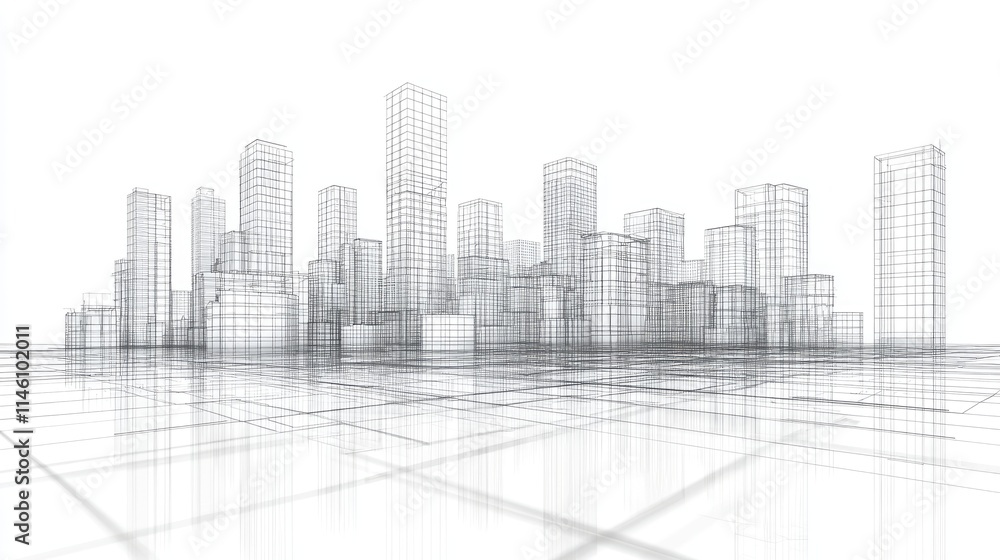 A wireframe cityscape illustrating urban architecture and design concepts. A wireframe cityscape illustrating urban architecture and design concepts.