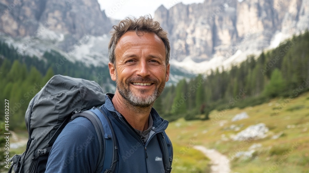 Happy hiker smiling in mountain landscape Happy hiker smiling in mountain landscape