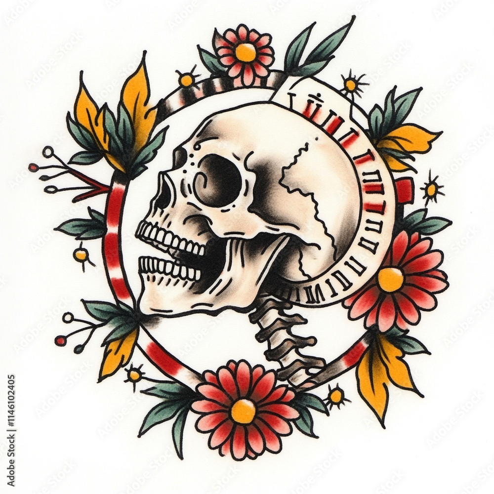 Skull and Clock Sleeve tattoo flash illustration Skull and Clock Sleeve tattoo flash illustration