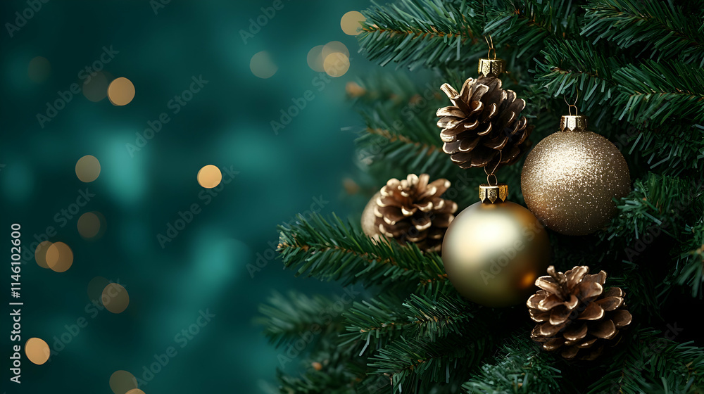 Elegant Gold Ornaments & Pine Cones Adorn Festive Tree