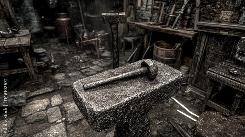 Ancient Blacksmith Workshop with Hammer and Anvil Tools Ancient Blacksmith Workshop with Hammer and Anvil Tools