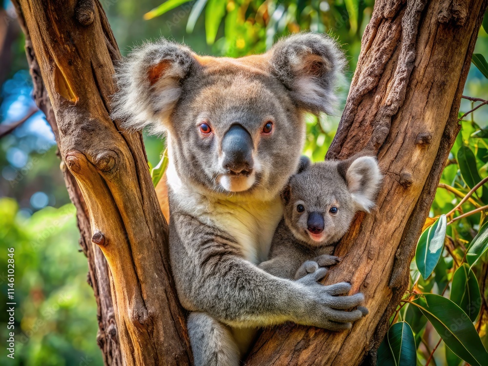Fototapeta premium A stunning architectural photograph captures a heartwarming scene: koala mom and baby in their eucalyptus haven.