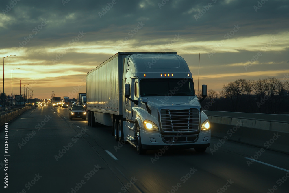 Semi truck with trailer driving on highway road at sunset. Concept of commercial freight transportation and logistics