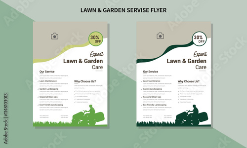 Lawn Mower Garden or Landscaping Service Flyer Template. Business Flyer poster, lawn service and gardening flyer design template, A4 size leaflet, grass, equipment, gardener.