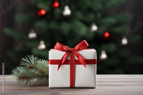 White gift box with red ribbon, surrounded by fresh fir branches.