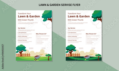 Lawn Mower Garden or Landscaping Service Flyer Template. Business Flyer poster,lawn service and gardening flyer design template, A4 size leaflet, grass, equipment, gardener.