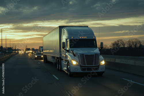 Obraz na płótnie Semi truck with trailer driving on highway road at sunset. Concept of commercial freight transportation and logistics w salonie