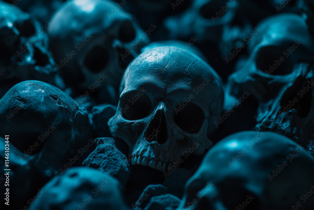 Pile of human skulls and bones in darkness. Human remains after death Pile of human skulls and bones in darkness. Human remains after death