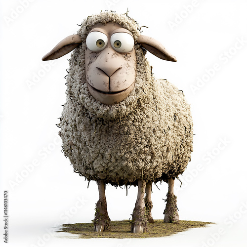 Funny illustration of a sheep with big eyes on a white background. 3D rendering photo