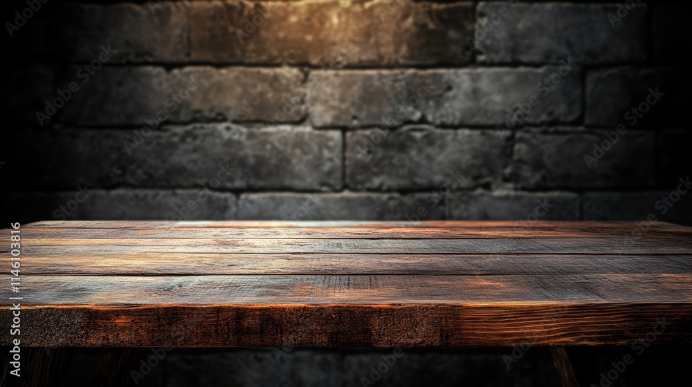 Rustic Wooden Table Against Dark Brick Wall, Capturing the Essence of Timeless Design and Natural Aesthetics for Interior Inspiration and Home Decor Rustic Wooden Table Against Dark Brick Wall, Capturing the Essence of Timeless Design and Natural Aesthetics for Interior Inspiration and Home Decor