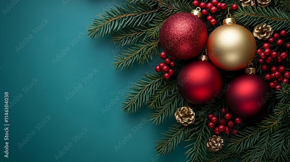 Naklejka premium Elegant Red & Gold Ornaments on Festive Greenery