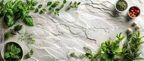 Fresh herbs and vegetables arranged on a marble countertop in a bright kitchen setting for meal preparation