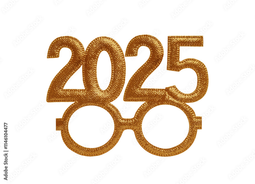 Masquerade party glasses 2025 isolated on white background. Happy New 2025 year in golden tones.