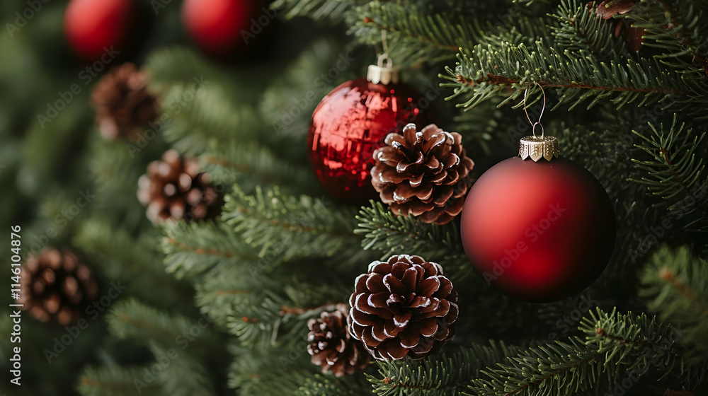 Red Ornaments & Pine Cones Decorate Festive Tree Red Ornaments & Pine Cones Decorate Festive Tree