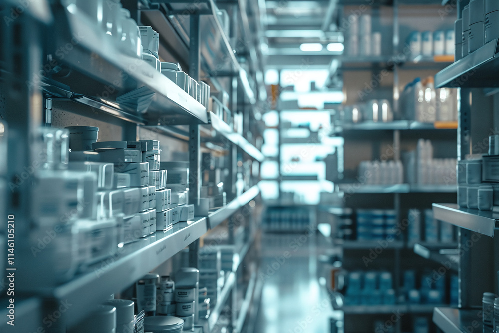 Fototapeta premium Pharmacy warehouse shelves with medicine and vitamins stock