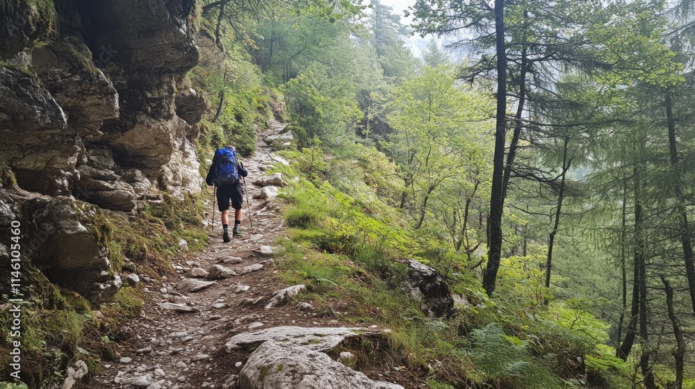 Hiker Trekking Through Mountainous Forest Trail Hiker Trekking Through Mountainous Forest Trail