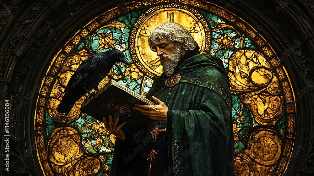 Naklejka premium A masterful stained-glass artwork of Saint Benedict, holding his rulebook with a raven, radiant green and gold hues glowing brightly, intricate celestial and gothic patterns framing the divine scene,
