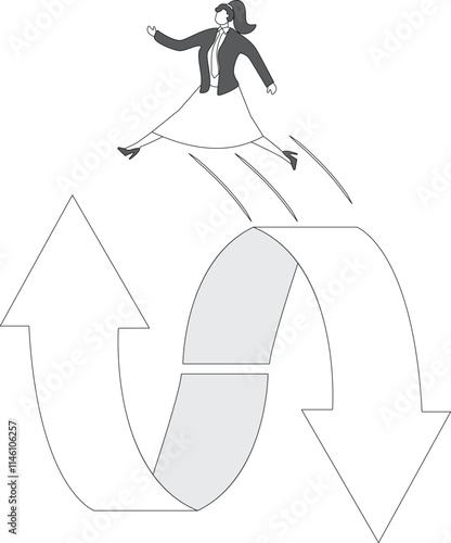 Businesswoman jumping from falling arrow to rising arrow