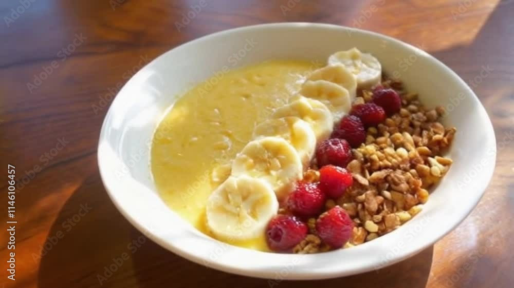 A banana smoothie bowl topped with coconut, berries, and granola resting under warm sunlight on wood A banana smoothie bowl topped with coconut, berries, and granola resting under warm sunlight on wood