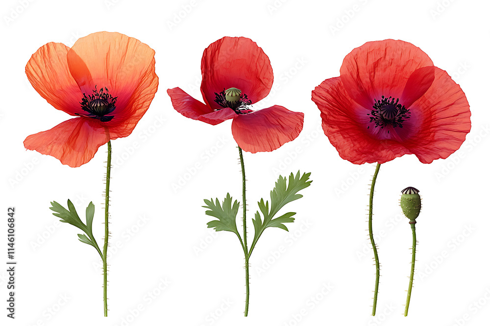 Obraz premium Three red poppies in various stages of bloom isolated on PNG background