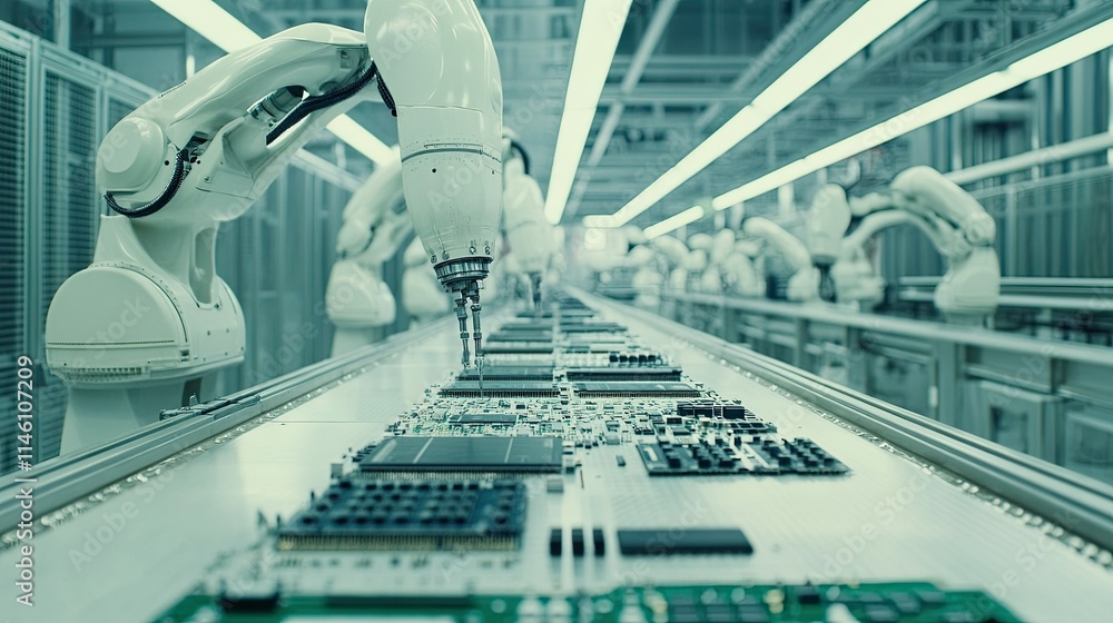 A high-tech assembly line with robotic arms precisely installing microchips onto circuit boards under bright white lights, with efficiency and innovation in every movement. A high-tech assembly line with robotic arms precisely installing microchips onto circuit boards under bright white lights, with efficiency and innovation in every movement.