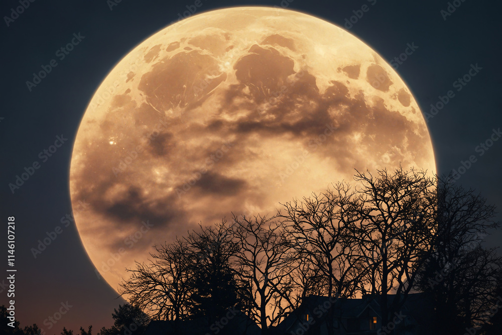 The orange light of the moon bathes the clouds in an eerie glow The orange light of the moon bathes the clouds in an eerie glow