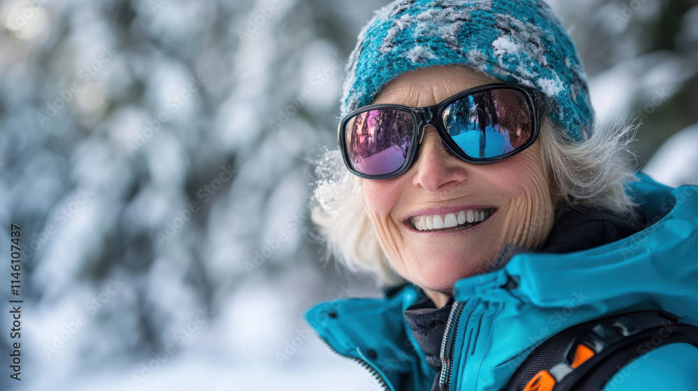 Smiling senior woman enjoying winter wonderland in snowy forest Smiling senior woman enjoying winter wonderland in snowy forest