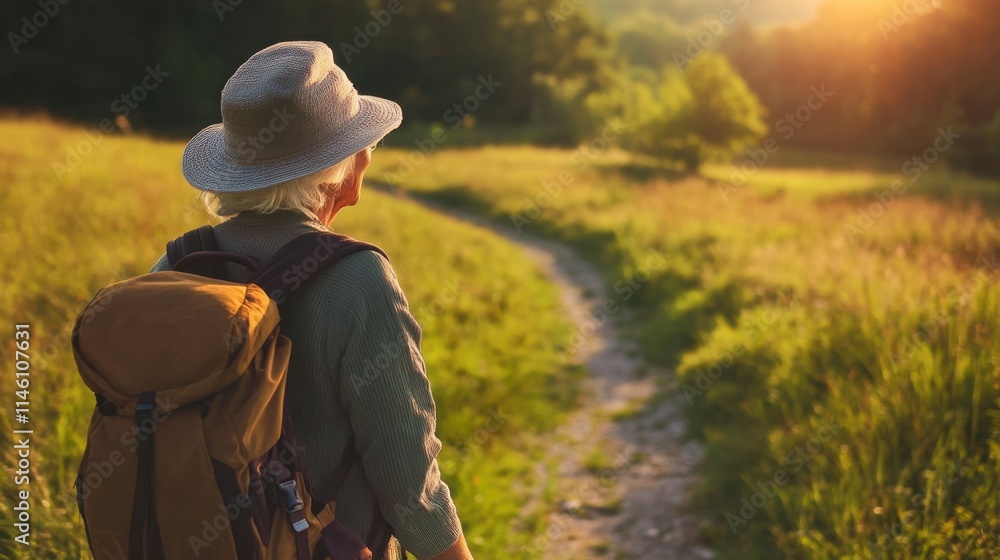 Senior woman hiking on countryside path at sunset, enjoying golden hour light Senior woman hiking on countryside path at sunset, enjoying golden hour light