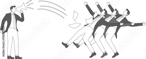 Roaring megaphone scolding a row of businessmen