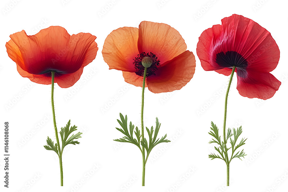 Fototapeta premium Three red poppies in various stages of bloom isolated on PNG background