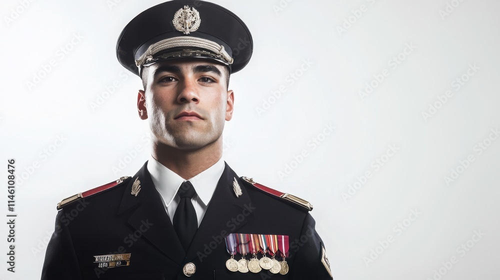 Proud Male Officer in Uniform with Medals and Serious Expression Proud Male Officer in Uniform with Medals and Serious Expression