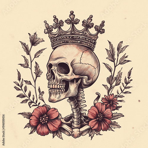 Skull and Crown Back tattoo flash illustration photo