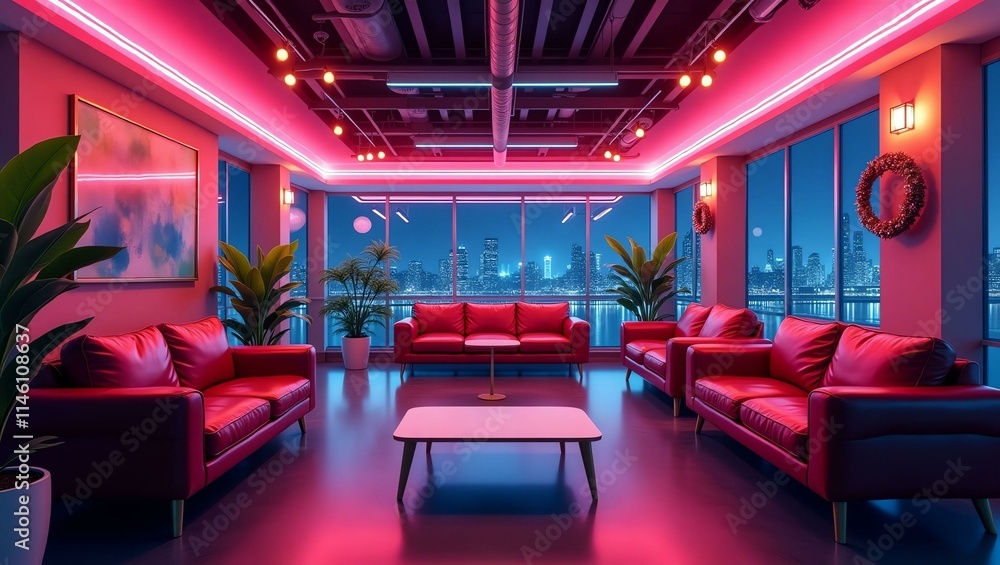 a stunning illustration of office lounge area retro n Retro Neon Christmas Theme a stunning illustration of office lounge area retro n Retro Neon Christmas Theme