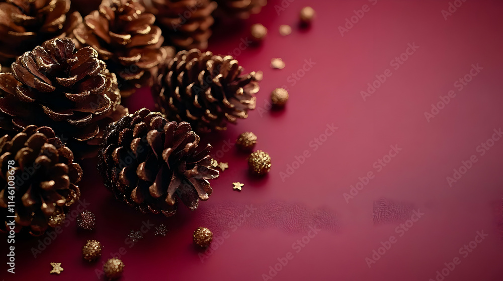 Gilded Pine Cones on Red: Festive Holiday Decor Gilded Pine Cones on Red: Festive Holiday Decor