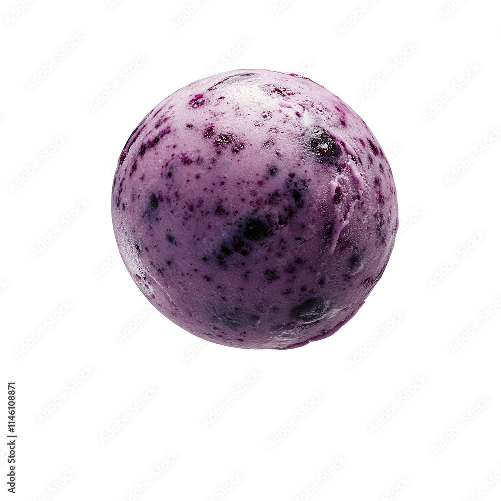Extreme front view of a hyperrealistic single ball of blueberry cobbler sorbet ice cream levitating in mid-air isolated on a white transparent background Extreme front view of a hyperrealistic single ball of blueberry cobbler sorbet ice cream levitating in mid-air isolated on a white transparent background