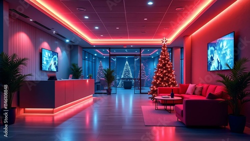 a stunning illustration of office reception area retr Retro Neon Christmas Theme