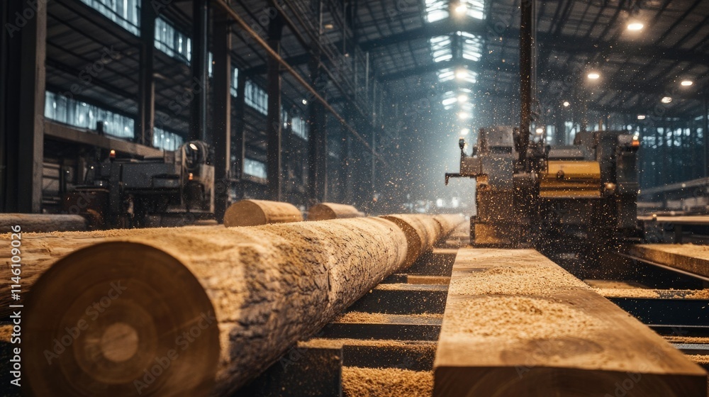 Fototapeta premium A modern teak factory with high-precision cutting machines slicing large teak logs, sawdust in the air, and bright LED lighting illuminating the workspace.